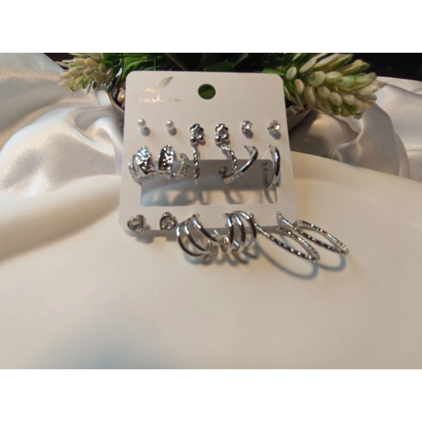 Euro Aksesuar 6 Çift Gümüş Renk Pirinç Çoklu Küpe Seti - Karışık Model Halkave Vidalı Piercing Uyumlu Set