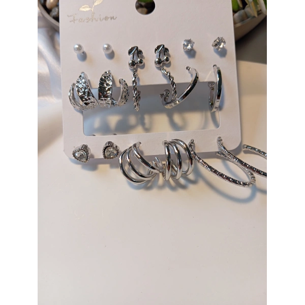 Euro Aksesuar 6 Çift Gümüş Renk Pirinç Çoklu Küpe Seti - Karışık Model Halkave Vidalı Piercing Uyumlu Set