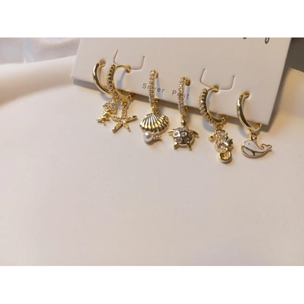 Euro Aksesuar 6lı Deniz Temalı Zirkon Taşlı Pirinç Küpe Seti - Altın Kaplama Çoklu Kıkırdak Küpe Paketi