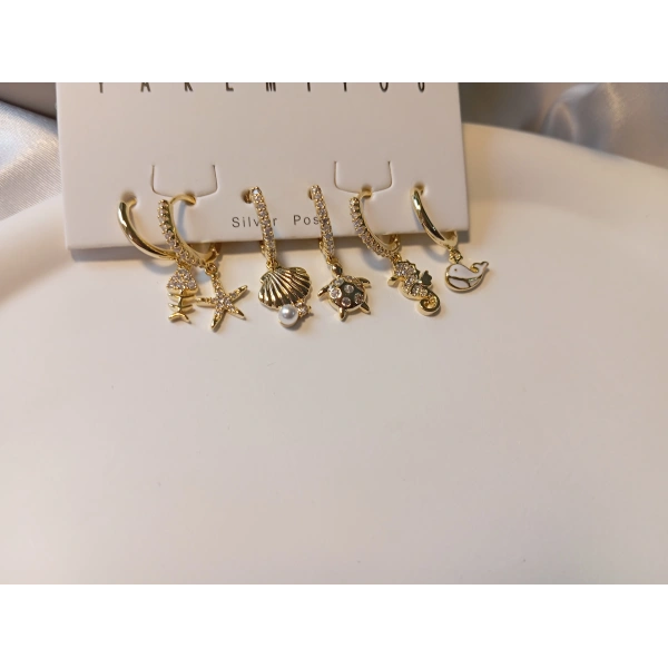 Euro Aksesuar 6lı Deniz Temalı Zirkon Taşlı Pirinç Küpe Seti - Altın Kaplama Çoklu Kıkırdak Küpe Paketi