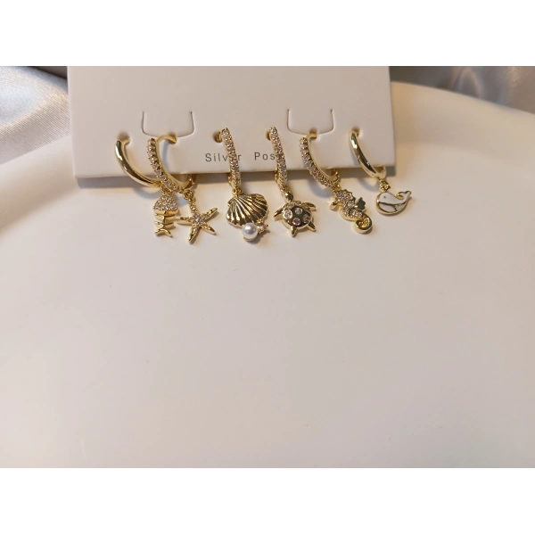 Euro Aksesuar 6lı Deniz Temalı Zirkon Taşlı Pirinç Küpe Seti - Altın Kaplama Çoklu Kıkırdak Küpe Paketi