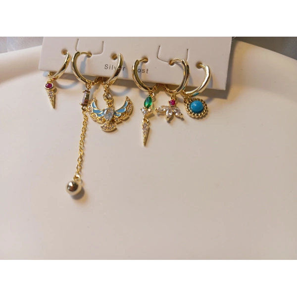 Euro Aksesuar 6lı Mistik Figürlü Zirkon Taşlı Pirinç Küpe Seti - Altın Kaplama Çoklu Kıkırdak ve Halka Küpe Paketi