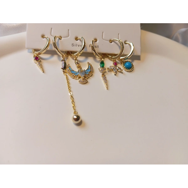 Euro Aksesuar 6lı Mistik Figürlü Zirkon Taşlı Pirinç Küpe Seti - Altın Kaplama Çoklu Kıkırdak ve Halka Küpe Paketi