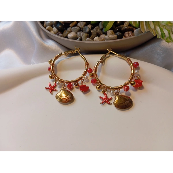 Euro Aksesuar 316L Antialerjik Çelik Marin Serisi - Kırmızı Deniz Yıldızı ve İstiridye Detaylı Halka Küpe