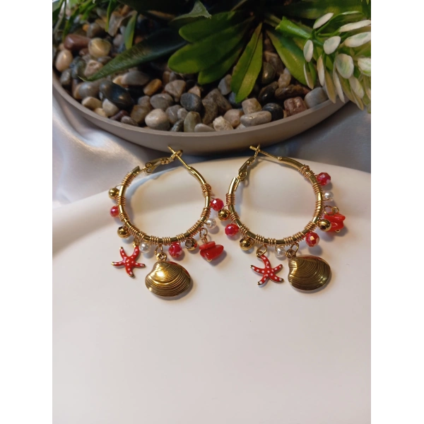 Euro Aksesuar 316L Antialerjik Çelik Marin Serisi - Kırmızı Deniz Yıldızı ve İstiridye Detaylı Halka Küpe