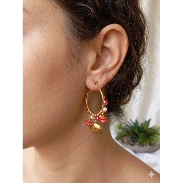 Euro Aksesuar 316L Antialerjik Çelik Marin Serisi - Kırmızı Deniz Yıldızı ve İstiridye Detaylı Halka Küpe