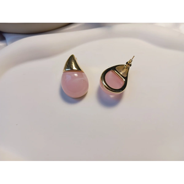 Euro Aksesuar - 3 cm Boyunda Paslanmaz Çelik Pembe Damla Taşlı Minimalist Küpe