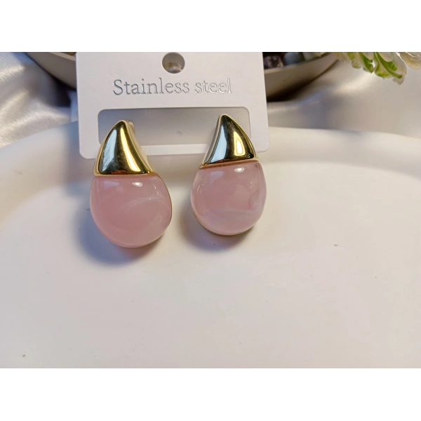 Euro Aksesuar - 3 cm Boyunda Paslanmaz Çelik Pembe Damla Taşlı Minimalist Küpe