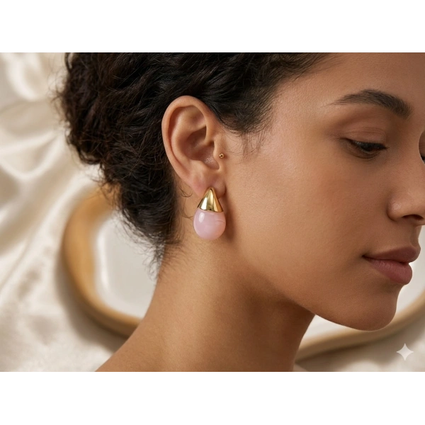 Euro Aksesuar - 3 cm Boyunda Paslanmaz Çelik Pembe Damla Taşlı Minimalist Küpe