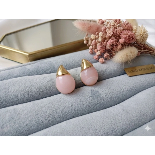 Euro Aksesuar - 3 cm Boyunda Paslanmaz Çelik Pembe Damla Taşlı Minimalist Küpe