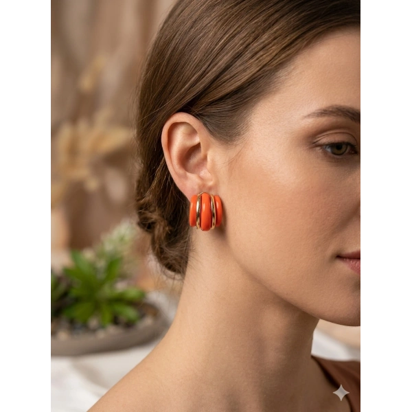 Altın Rengi Şeritli Kırmızı Lüks Tasarım Küpe