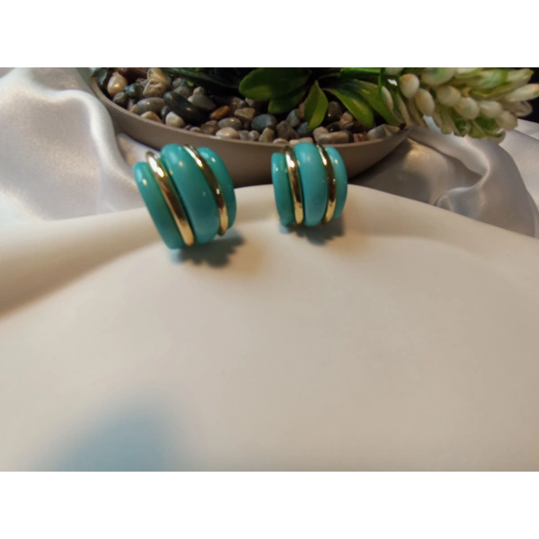 Altın Rengi Şeritli Kırmızı Lüks Tasarım Küpe