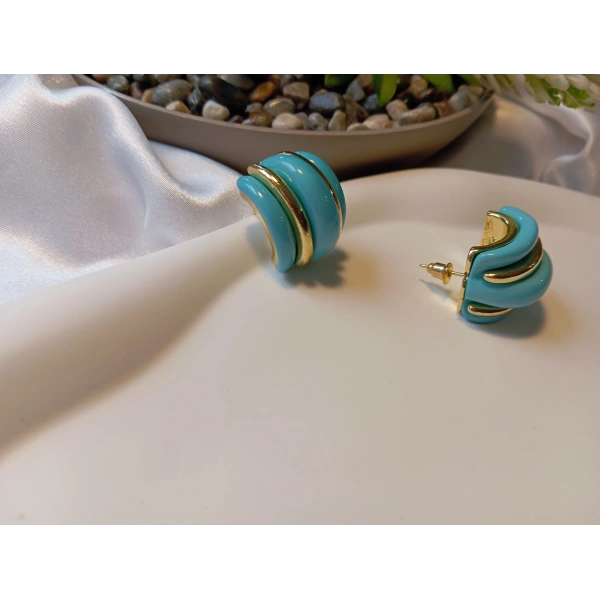 Altın Rengi Şeritli Kırmızı Lüks Tasarım Küpe