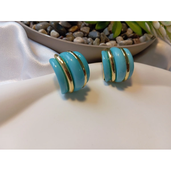 Altın Rengi Şeritli Kırmızı Lüks Tasarım Küpe