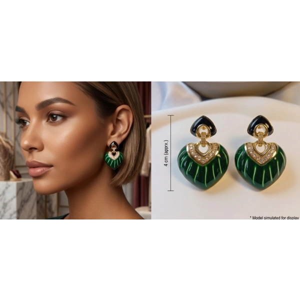 Euro Aksesuar - Emerald Heart: Altın Kaplama Yeşil Mine İşlemeli Zirkon Taşlı Kalp Küpe