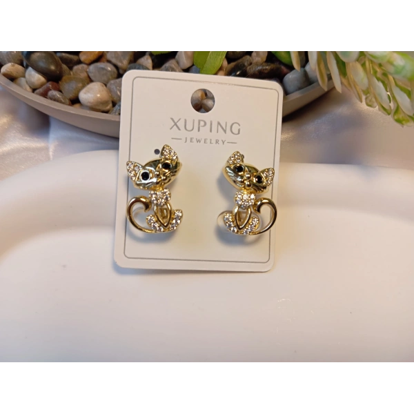 XUPING 1,5 cm Taşlı Altın Kaplama Kedi Figürlü Küpe – Euro Aksesuar