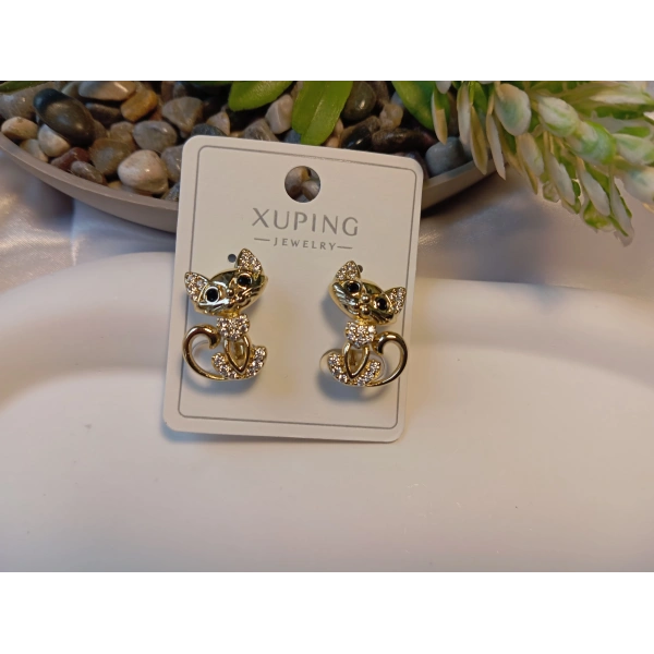 XUPING 1,5 cm Taşlı Altın Kaplama Kedi Figürlü Küpe – Euro Aksesuar