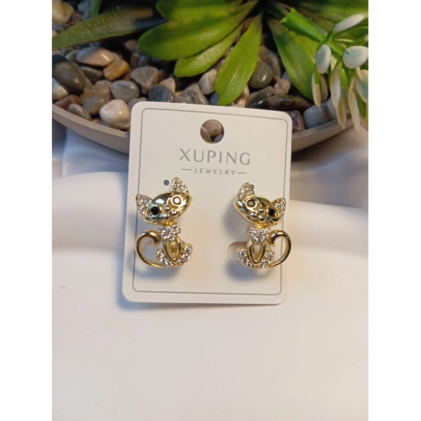 XUPING 1,5 cm Taşlı Altın Kaplama Kedi Figürlü Küpe – Euro Aksesuar