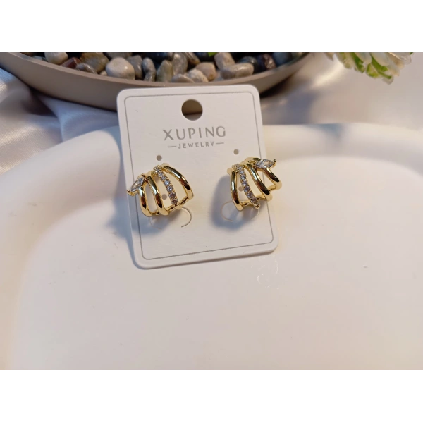 Xuping Jewelry 14 Ayar Altın Kaplama 1.5 cm Çoklu Hatlı Modern Halka Küpe