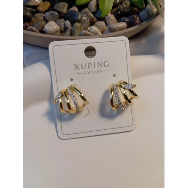 Xuping Jewelry 14 Ayar Altın Kaplama 1.5 cm Çoklu Hatlı Modern Halka Küpe