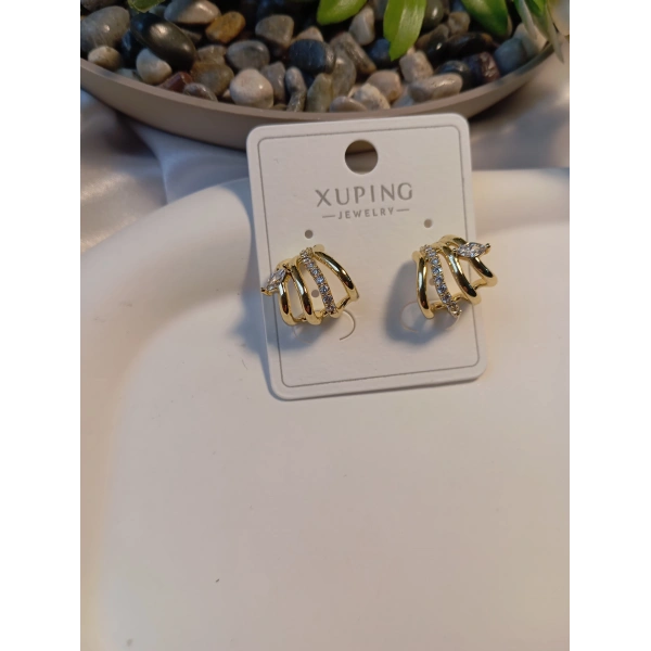 Xuping Jewelry 14 Ayar Altın Kaplama 1.5 cm Çoklu Hatlı Modern Halka Küpe