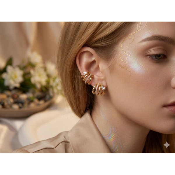 Xuping Jewelry 14 Ayar Altın Kaplama 1.5 cm Çoklu Hatlı Modern Halka Küpe