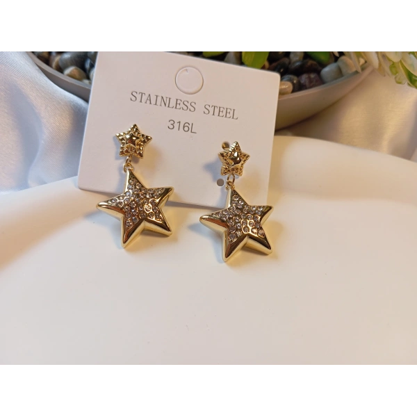 316L Paslanmaz Çelik Gold Renk Zirkon Taşlı Çift Yıldız Küpe