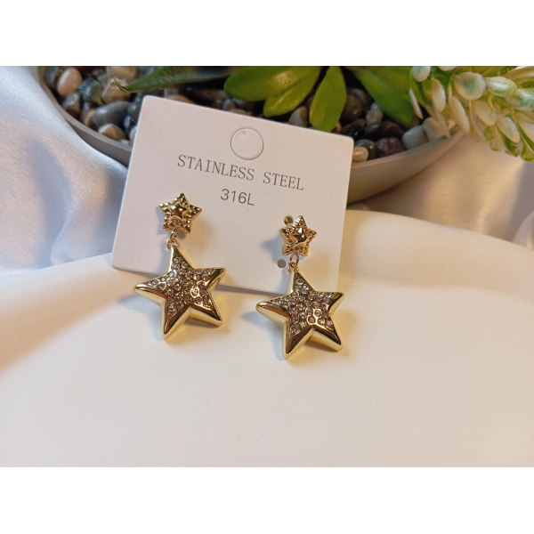 316L Paslanmaz Çelik Gold Renk Zirkon Taşlı Çift Yıldız Küpe