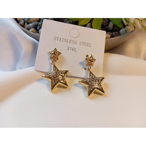 316L Paslanmaz Çelik Gold Renk Zirkon Taşlı Çift Yıldız Küpe