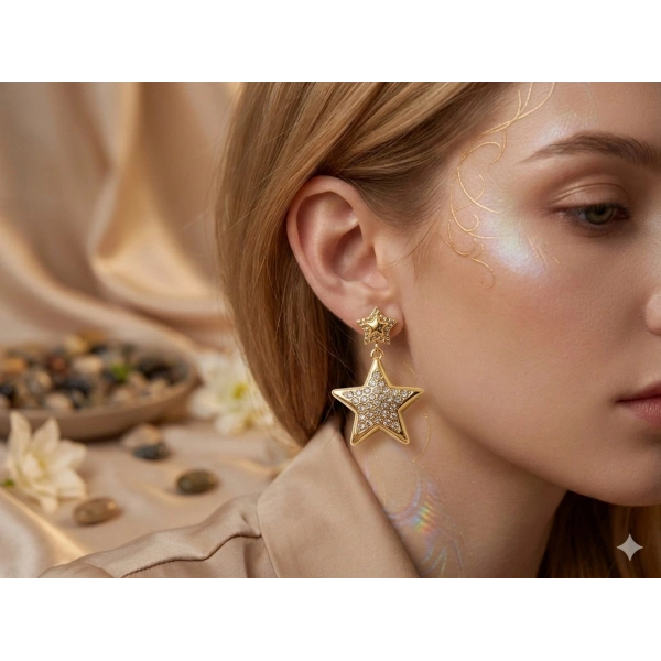 316L Paslanmaz Çelik Gold Renk Zirkon Taşlı Çift Yıldız Küpe