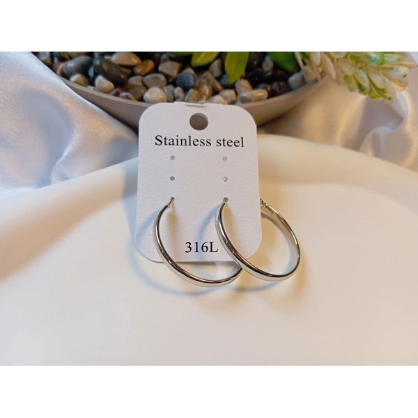 Euro Aksesuar 316L Cerrahi Çelik Gümüş Renk Orta Boy Halka Küpe (3 cm)