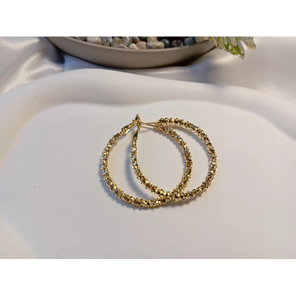 Euro Aksesuar Luxury Jewelry 14 Ayar Altın Kaplama Tırtıklı Dokulu Halka Küpe (4 cm)