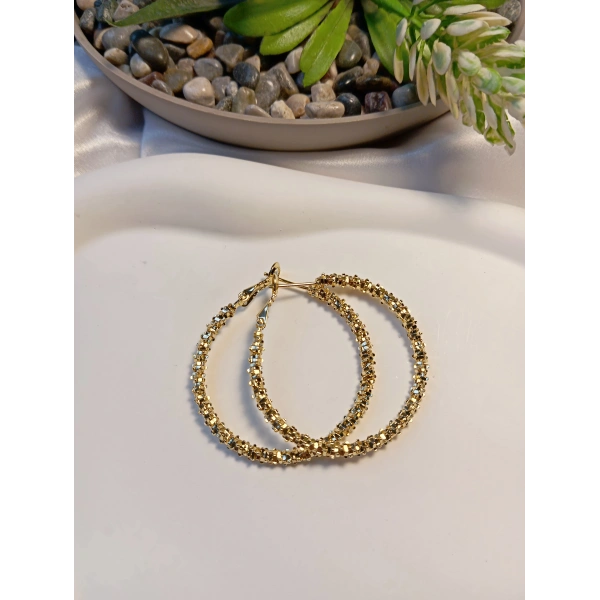 Euro Aksesuar Luxury Jewelry 14 Ayar Altın Kaplama Tırtıklı Dokulu Halka Küpe (4 cm)