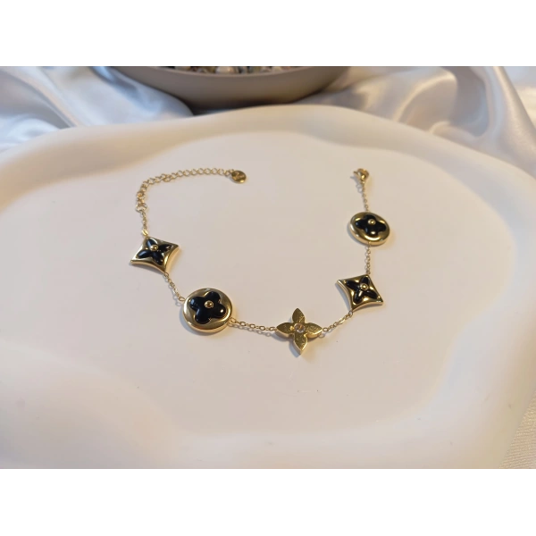 316L Çelik Ayarlanabilir Zincir Bileklik, 17-22 cm, Kadın Aksesuar, Gold Kaplama, Siyah Yonca Model