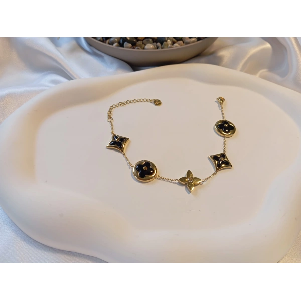 316L Çelik Ayarlanabilir Zincir Bileklik, 17-22 cm, Kadın Aksesuar, Gold Kaplama, Siyah Yonca Model