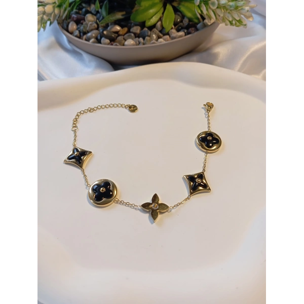 316L Çelik Ayarlanabilir Zincir Bileklik, 17-22 cm, Kadın Aksesuar, Gold Kaplama, Siyah Yonca Model