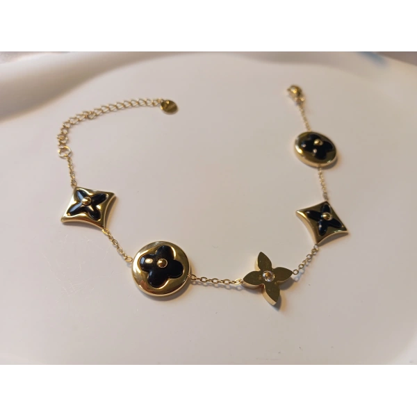 316L Çelik Ayarlanabilir Zincir Bileklik, 17-22 cm, Kadın Aksesuar, Gold Kaplama, Siyah Yonca Model