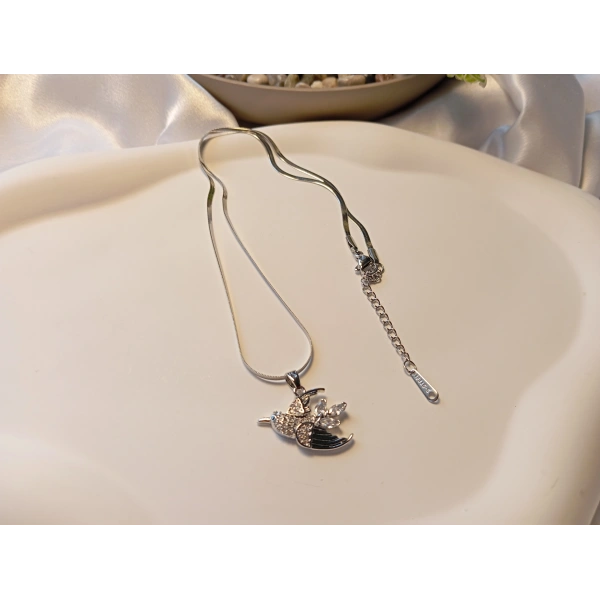 316L Çelik Ayarlanabilir Zincir Kolye, 45-50 cm, Kuş Figürü, Kadın Aksesuar, Silver, Zirkon Taşlı