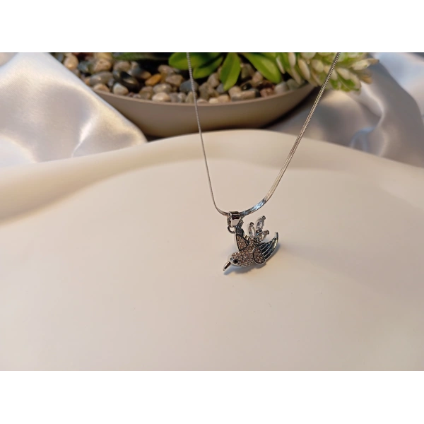 316L Çelik Ayarlanabilir Zincir Kolye, 45-50 cm, Kuş Figürü, Kadın Aksesuar, Silver, Zirkon Taşlı
