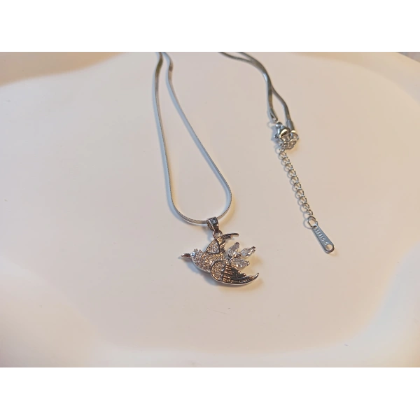 316L Çelik Ayarlanabilir Zincir Kolye, 45-50 cm, Kuş Figürü, Kadın Aksesuar, Silver, Zirkon Taşlı