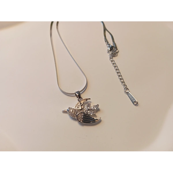 316L Çelik Ayarlanabilir Zincir Kolye, 45-50 cm, Kuş Figürü, Kadın Aksesuar, Silver, Zirkon Taşlı