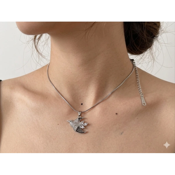 316L Çelik Ayarlanabilir Zincir Kolye, 45-50 cm, Kuş Figürü, Kadın Aksesuar, Silver, Zirkon Taşlı