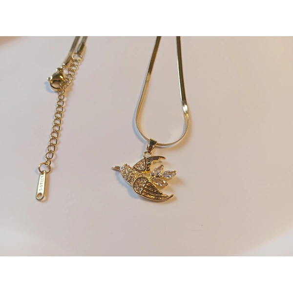 316L Çelik Ayarlanabilir Zincir Kolye, 45-50 cm, Gold Balık Sırtı Model, Kuş Figürü, Kadın Aksesuar, Zirkon Taşlı, Euro Aksesuar