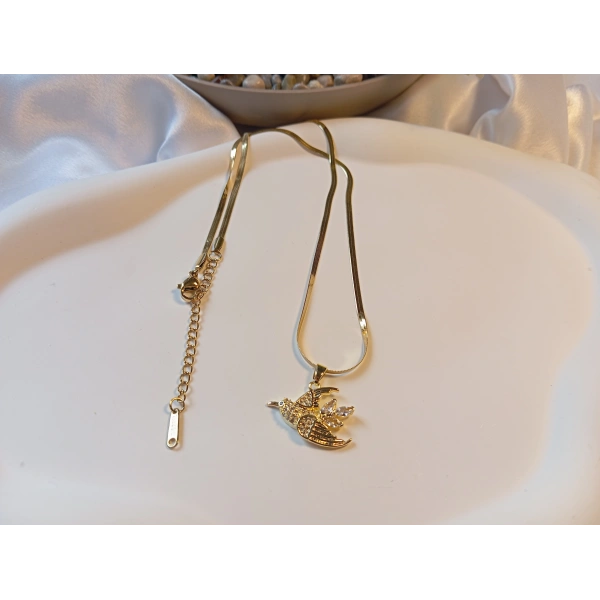 316L Çelik Ayarlanabilir Zincir Kolye, 45-50 cm, Gold Balık Sırtı Model, Kuş Figürü, Kadın Aksesuar, Zirkon Taşlı, Euro Aksesuar