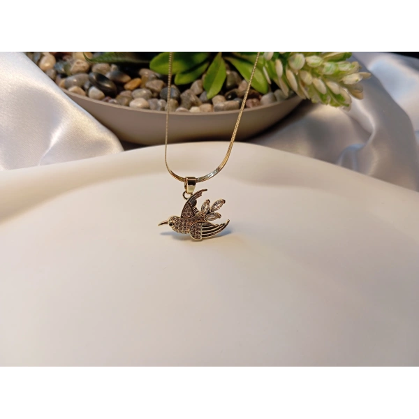 316L Çelik Ayarlanabilir Zincir Kolye, 45-50 cm, Gold Balık Sırtı Model, Kuş Figürü, Kadın Aksesuar, Zirkon Taşlı, Euro Aksesuar