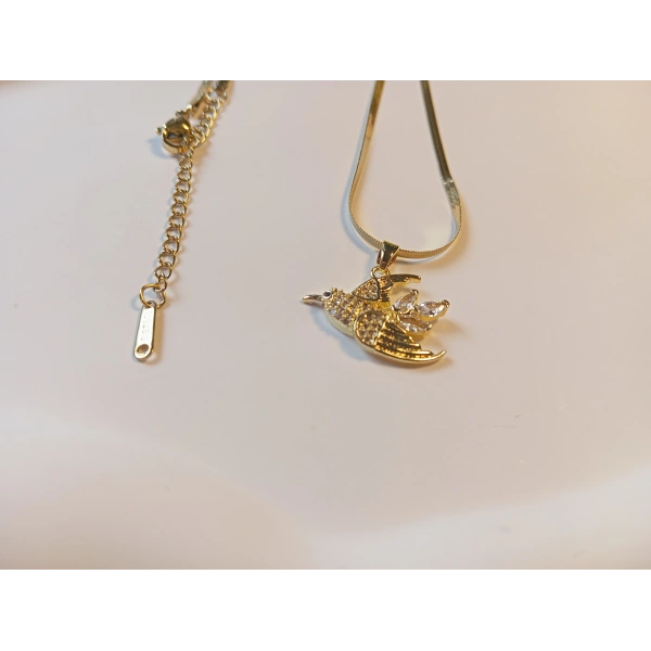 316L Çelik Ayarlanabilir Zincir Kolye, 45-50 cm, Gold Balık Sırtı Model, Kuş Figürü, Kadın Aksesuar, Zirkon Taşlı, Euro Aksesuar