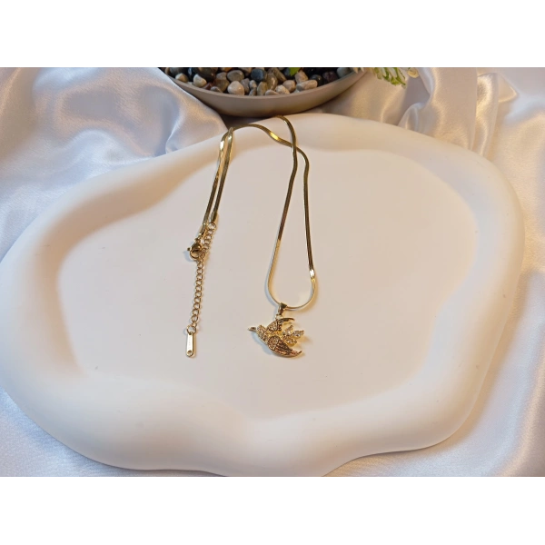 316L Çelik Ayarlanabilir Zincir Kolye, 45-50 cm, Gold Balık Sırtı Model, Kuş Figürü, Kadın Aksesuar, Zirkon Taşlı, Euro Aksesuar