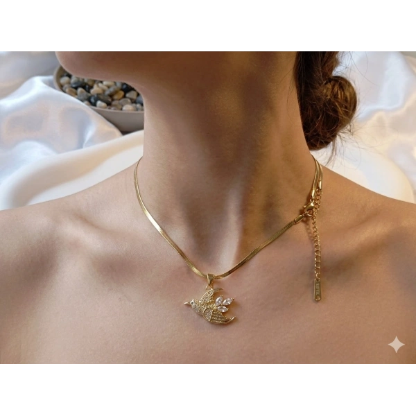 316L Çelik Ayarlanabilir Zincir Kolye, 45-50 cm, Gold Balık Sırtı Model, Kuş Figürü, Kadın Aksesuar, Zirkon Taşlı, Euro Aksesuar