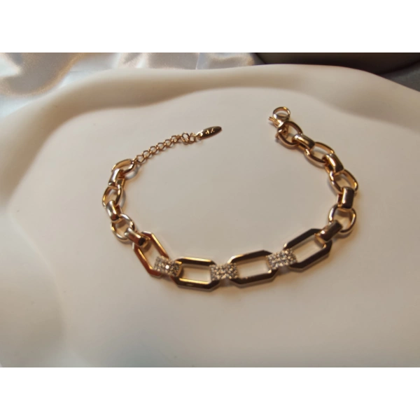 Euro Aksesuar Xuping Bileklik, 19-23 cm Ayarlanabilir Zincir, Rosegold Kaplama Oval Halkalar, 3 Sıra Kristal Taş Detayı, Suya Dayanıklı