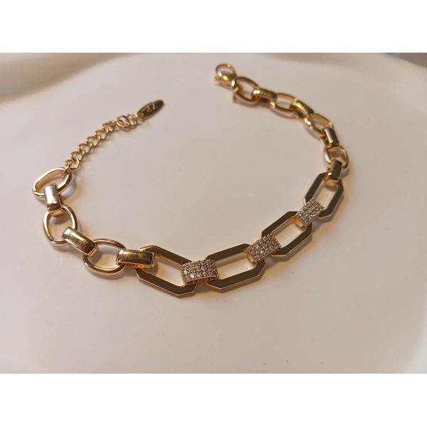 Euro Aksesuar Xuping Bileklik, 19-23 cm Ayarlanabilir Zincir, Rosegold Kaplama Oval Halkalar, 3 Sıra Kristal Taş Detayı, Suya Dayanıklı